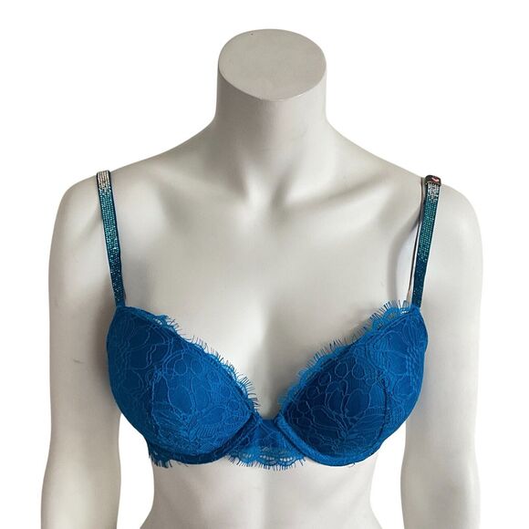 Victoria’s Secret Bombshell Bra Blue Sexy Shine Strap Add Cups Push Up 32C - Picture 2 of 9